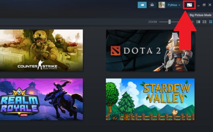 Click on the square icon beside your Steam username as shown in the image below to enter Big Picture mode 1